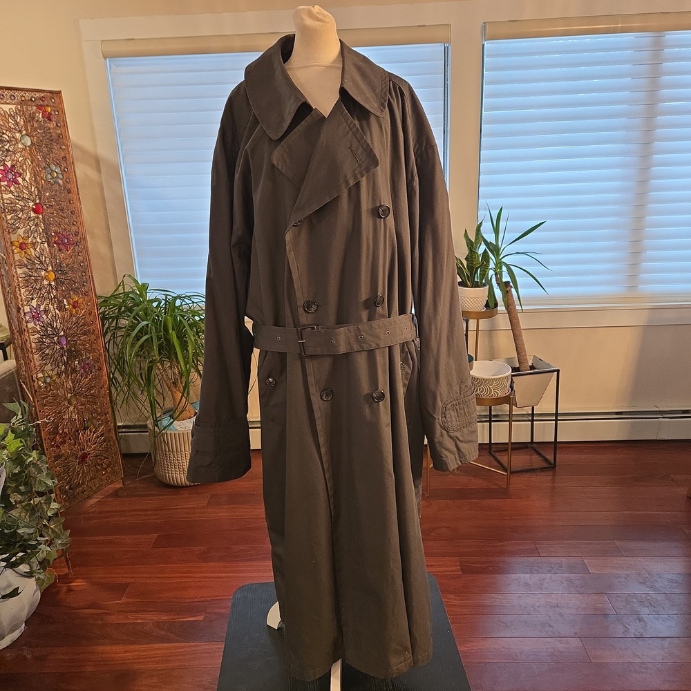 VTG Mens Double Breasted Belted Blue Gray Zip Out Lining Trench Coat Size 48L